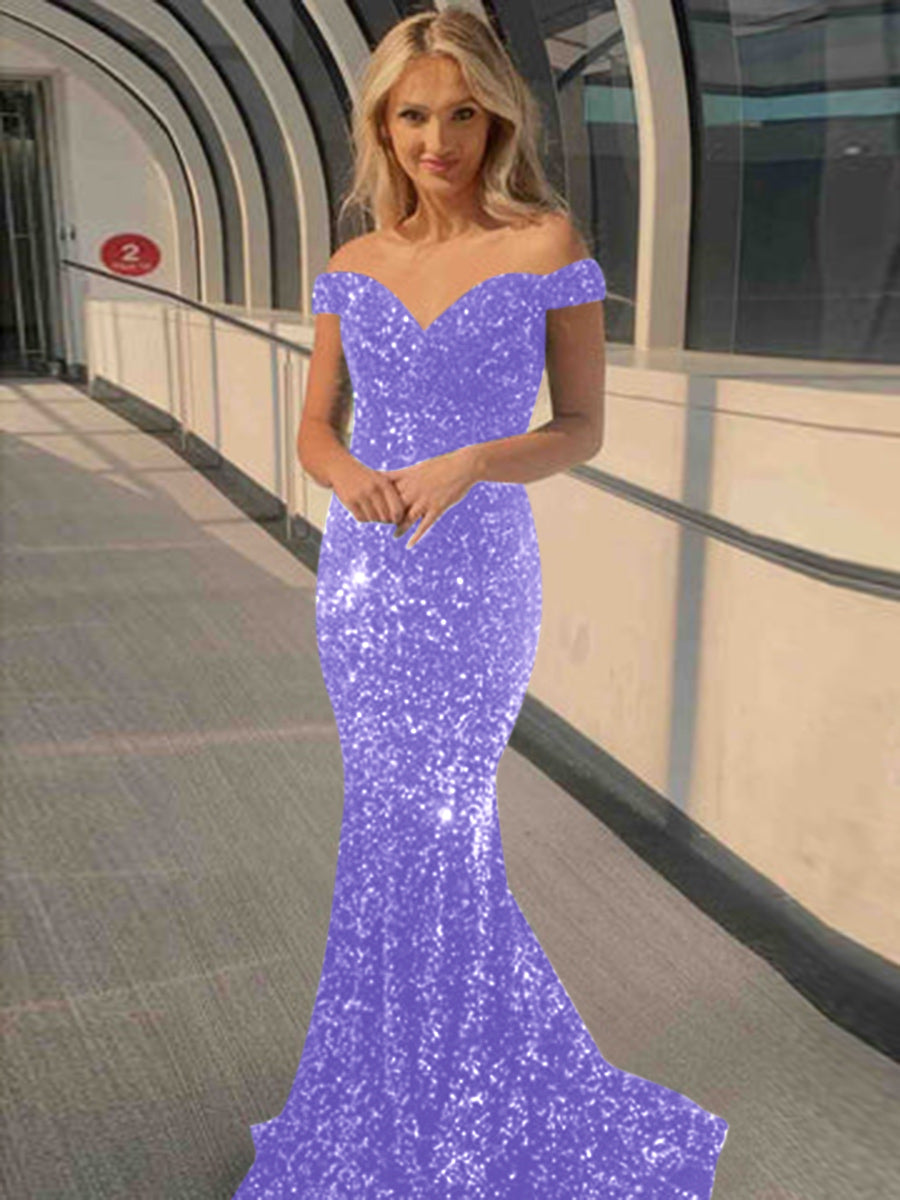 Mermaid Off the Shoulder Sexy Long Velvet Sequin Prom Dress