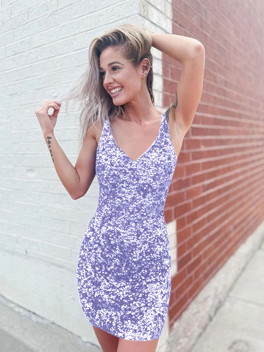 Short Tight Homecoming Dresses 2023 Straps V Neck Sheath Party Dress Lilac