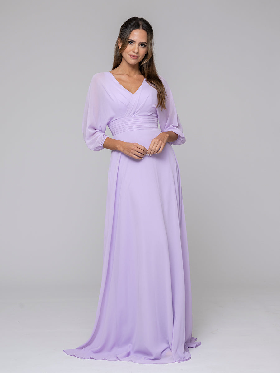 Lilac 3/4 Lantern Sleeve V Neck Chiffon A Line Bridesmaid Dresses