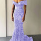 Mermaid Off the Shoulder Sleeveless Sweep Train Velvet Sequin Prom Dress