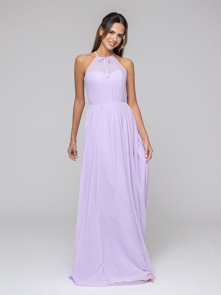 Lilac Long Chiffon Halter Bridal Party Dresses With Pleated Bodice