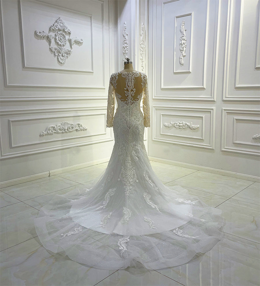 Elegant Long Sleeve V Neck Appique Mermaid Wedding Dresses