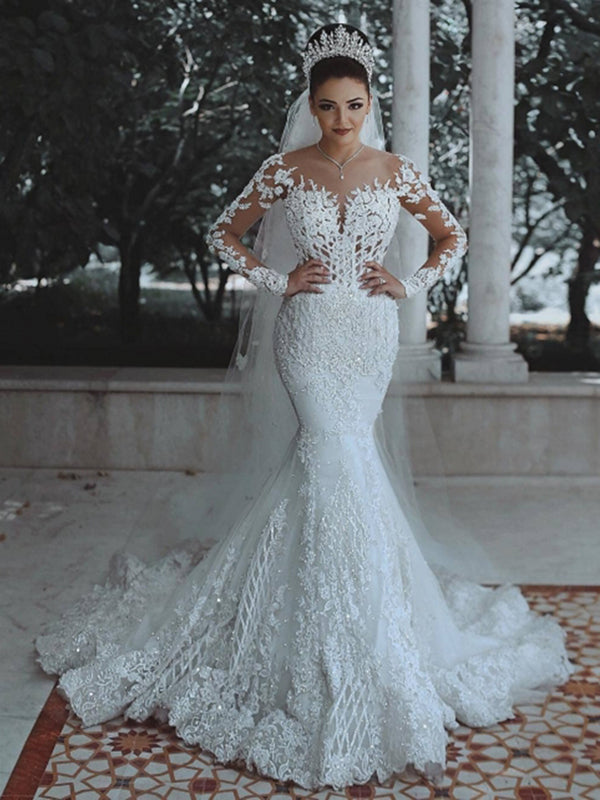Stunning Mermaid  Long Sleeve Applique Wedding Dresses