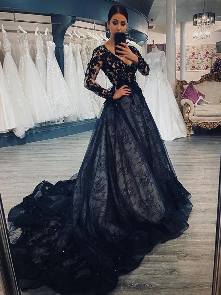Long Sleeves V-neck Black Gothic Lace Wedding Dress for Alternative Brides