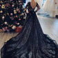 Long Sleeves V-neck Black Gothic Lace Wedding Dress for Alternative Brides