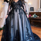 Long Sleeves V-neck Black Wedding Dresses for Alternative Bride