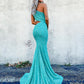 Mermaid One Shoulder Sleeveless Long Sweep Train Velvet Sequin Prom Dress