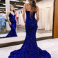 Royal Blue Mermaid V-Neck Sleeveless Long Court Train Velvet Sequin Prom Dress