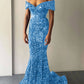 Mermaid Off the Shoulder Sleeveless Sweep Train Velvet Sequin Prom Dress