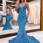 Royal Blue Mermaid V-Neck Sleeveless Long Court Train Velvet Sequin Prom Dress