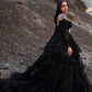 Off Shoulder V-neck Long Sleeves Applique Tiered Skirt Black Gothic Wedding Dress