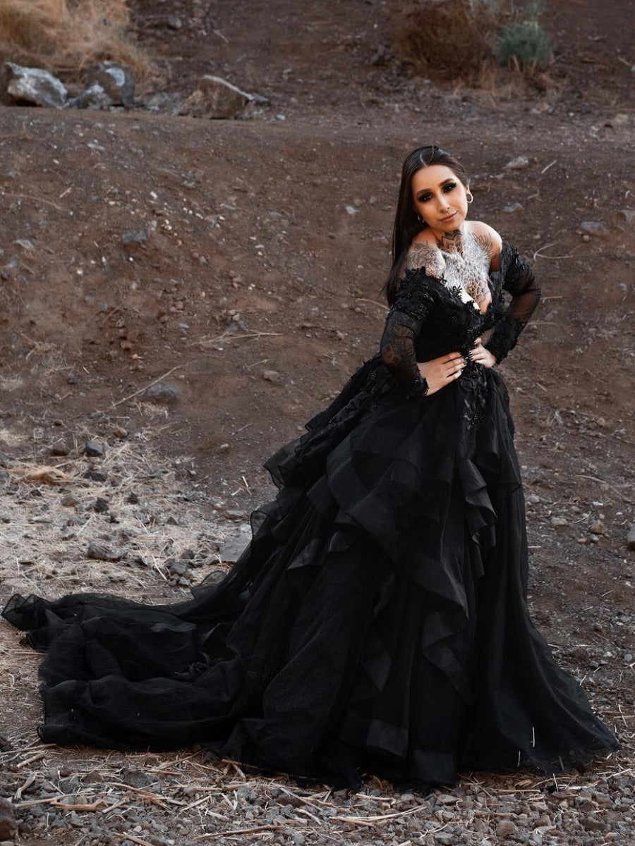 Off Shoulder V-neck Long Sleeves Applique Tiered Skirt Black Gothic Wedding Dress