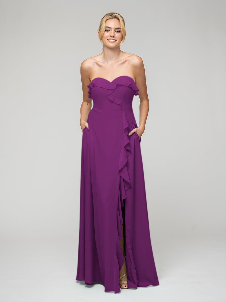 Ruffles Chiffon A Line Strapless Bridesmaid Dresses With Front Slit