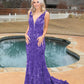 Dazzling Deep V Neck Fitted Sequin Prom Dresses
