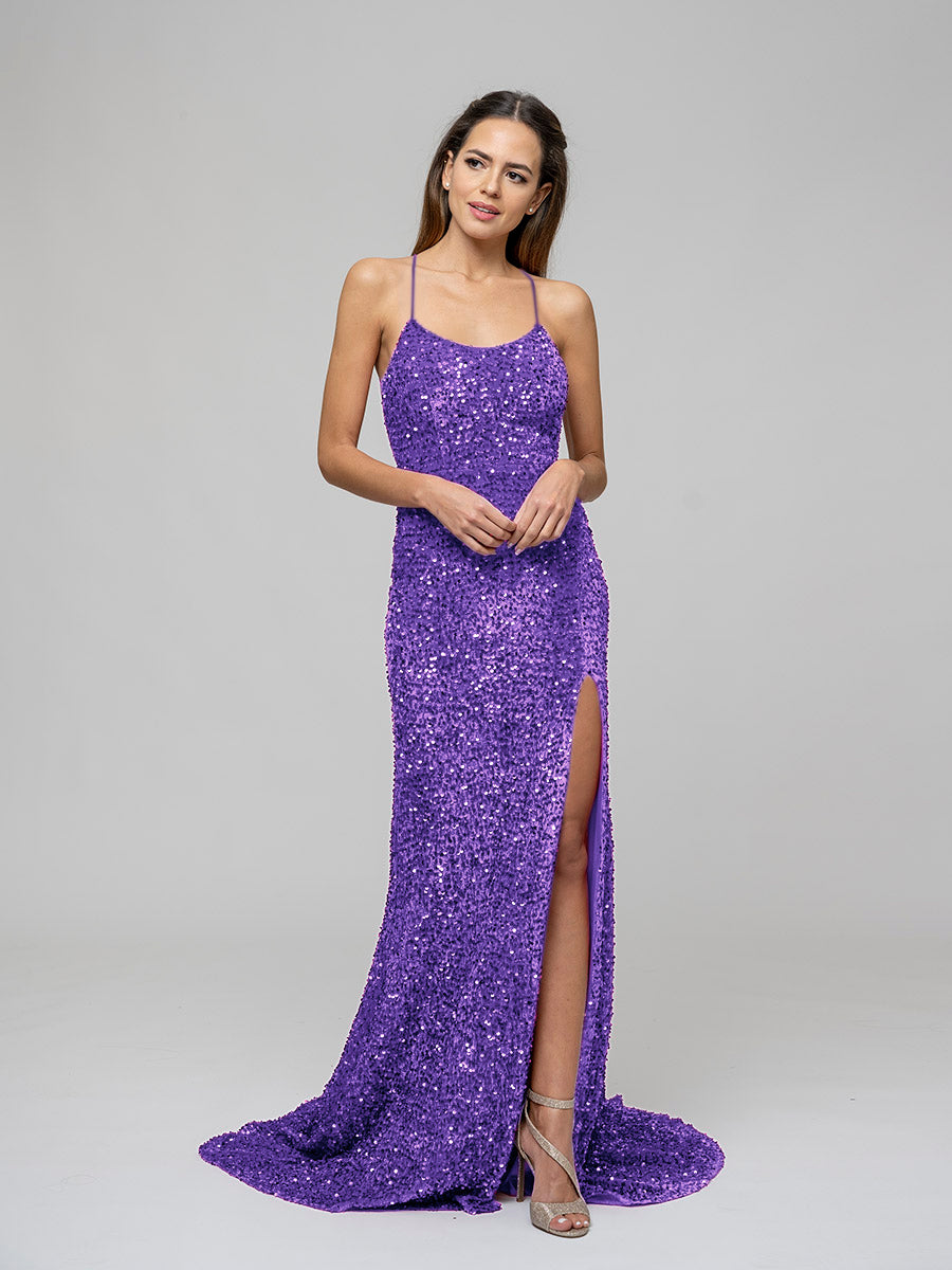 Sequin Side Split Scoop Neckline Fitted Long Prom Gown