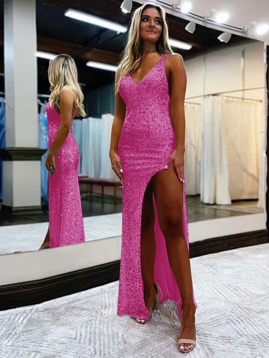 Sheath V-Neck Sleeveless Long Floor Length Velvet Sequin Prom Dress