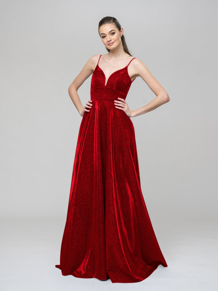 Deep V Neck A Line Floor Length Metallic Glitter Prom Dresses