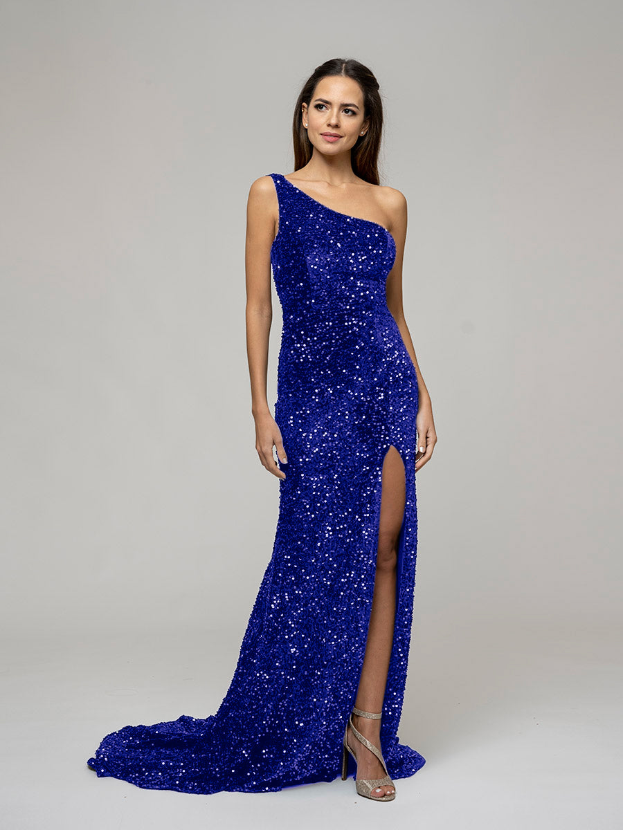 Open Back Sparkly Sequin Fitted Prom Dresses With Split