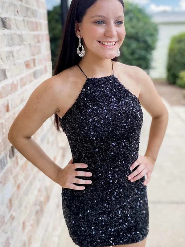 Sexy Bodycon Homecoming Dresses 2023 Fitted Halter Sleeveless Short Velvet Sequin Gown Yelure