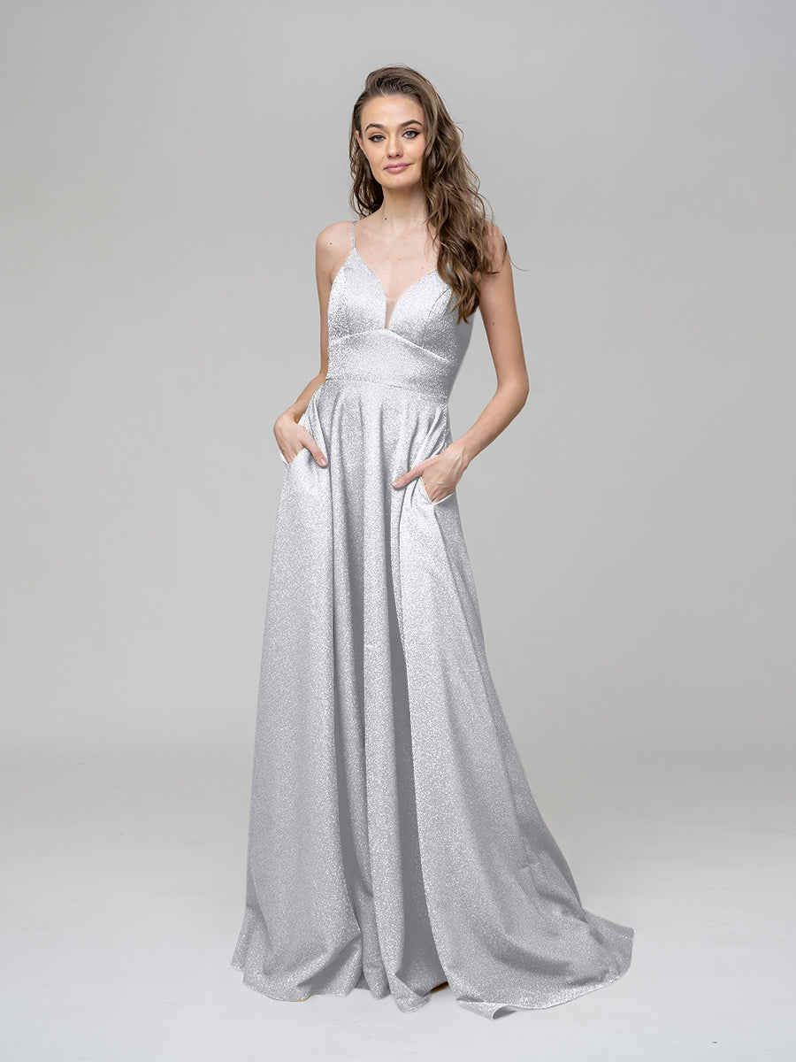 Metallic Glitter V Neck A Line Prom Dresses With Pockets