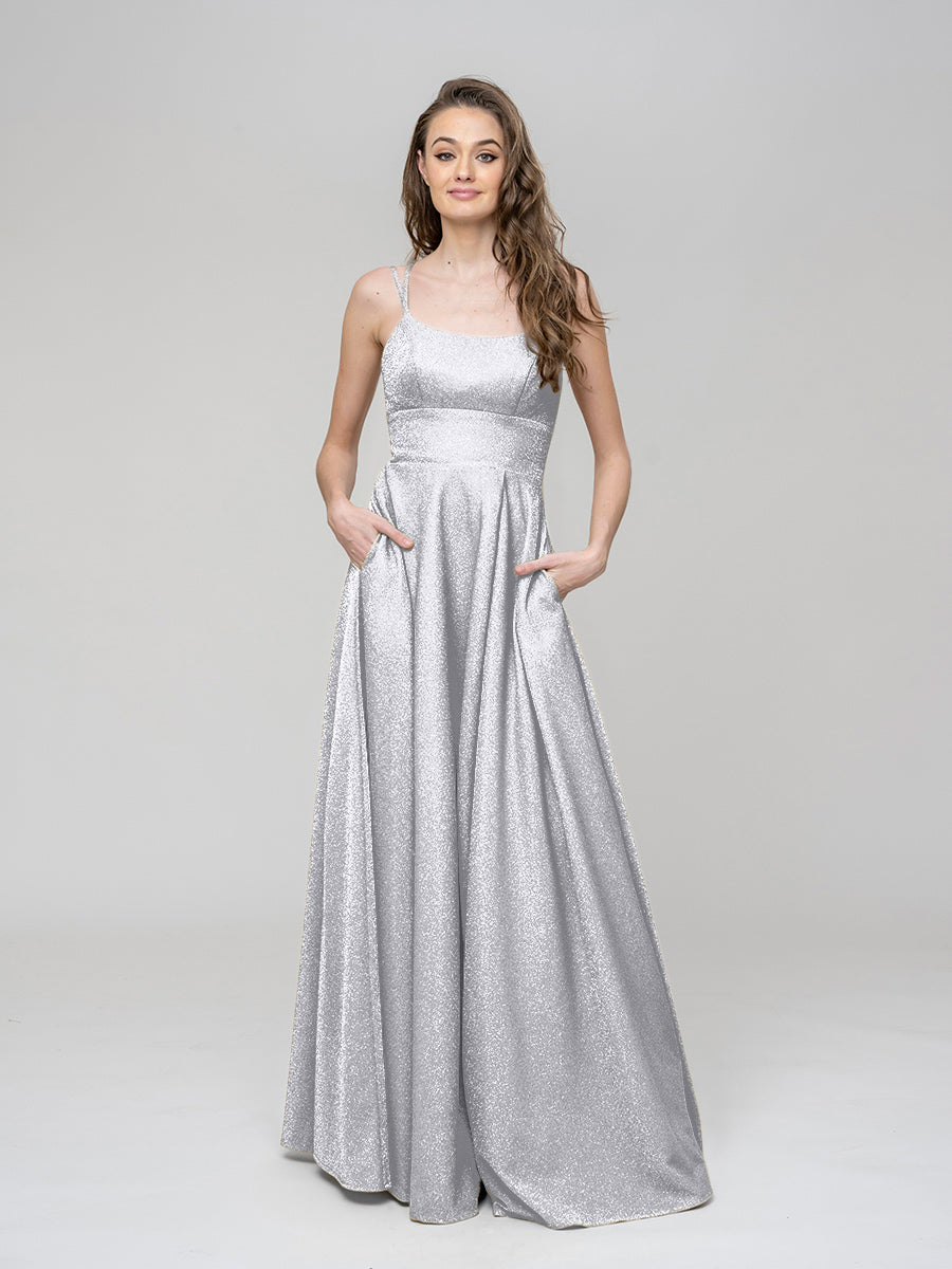 A Line Spaghetti Strap Metallic Glitter Floor Length Prom Dresses