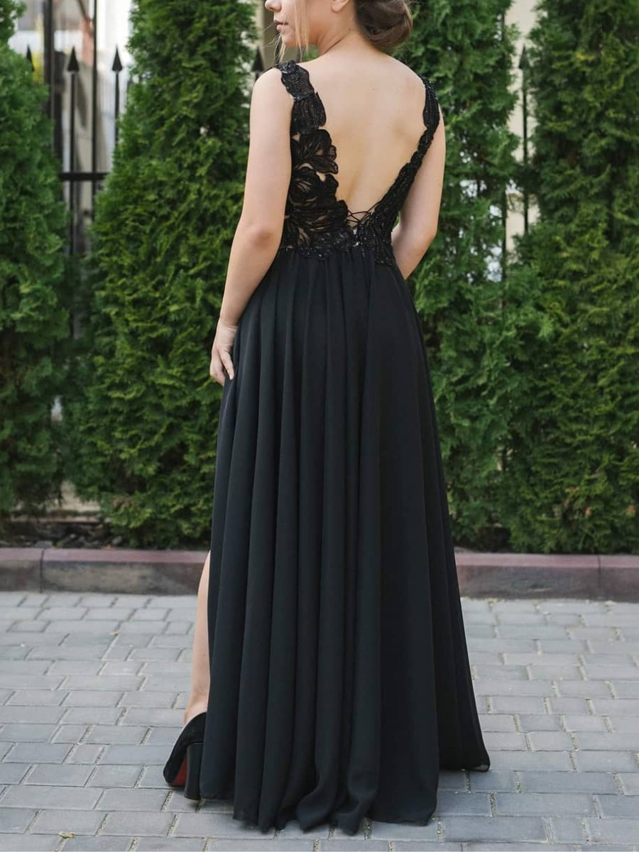 Sleeveless V-neck Black Wedding Dress With Side Slit