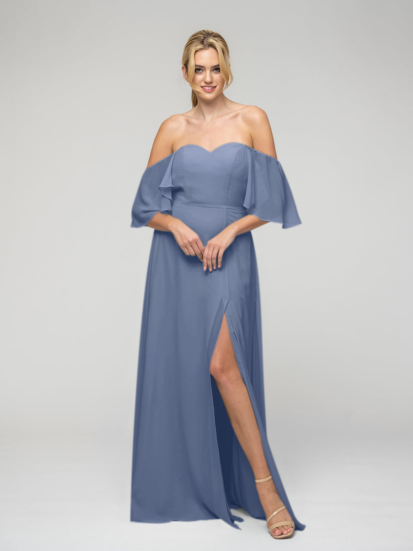 Stormy Blue Off The Shoulder Bridesmaid Dresses