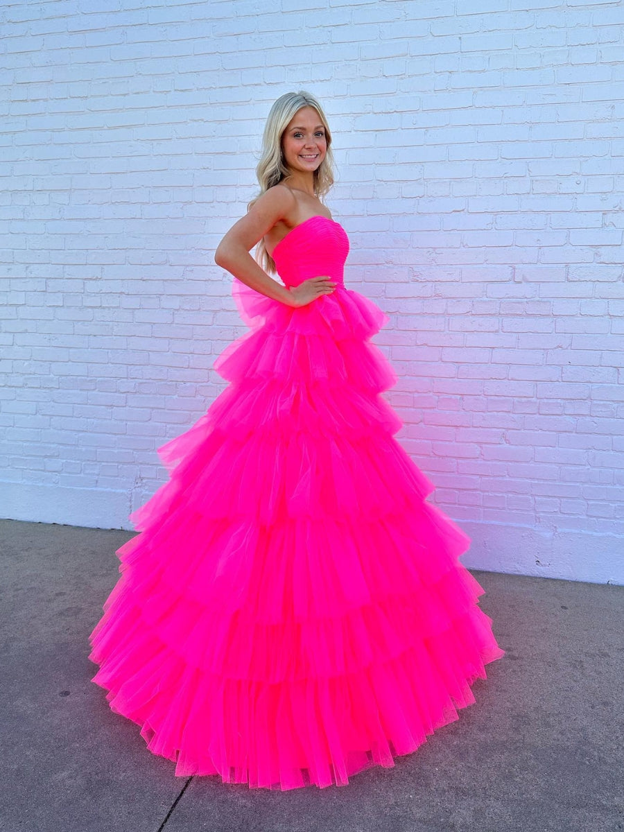 Strapless Layered Tulle Prom Dresses Hot Pink Ball Gown