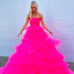 Strapless Layered Tulle Prom Dresses Hot Pink Ball Gown