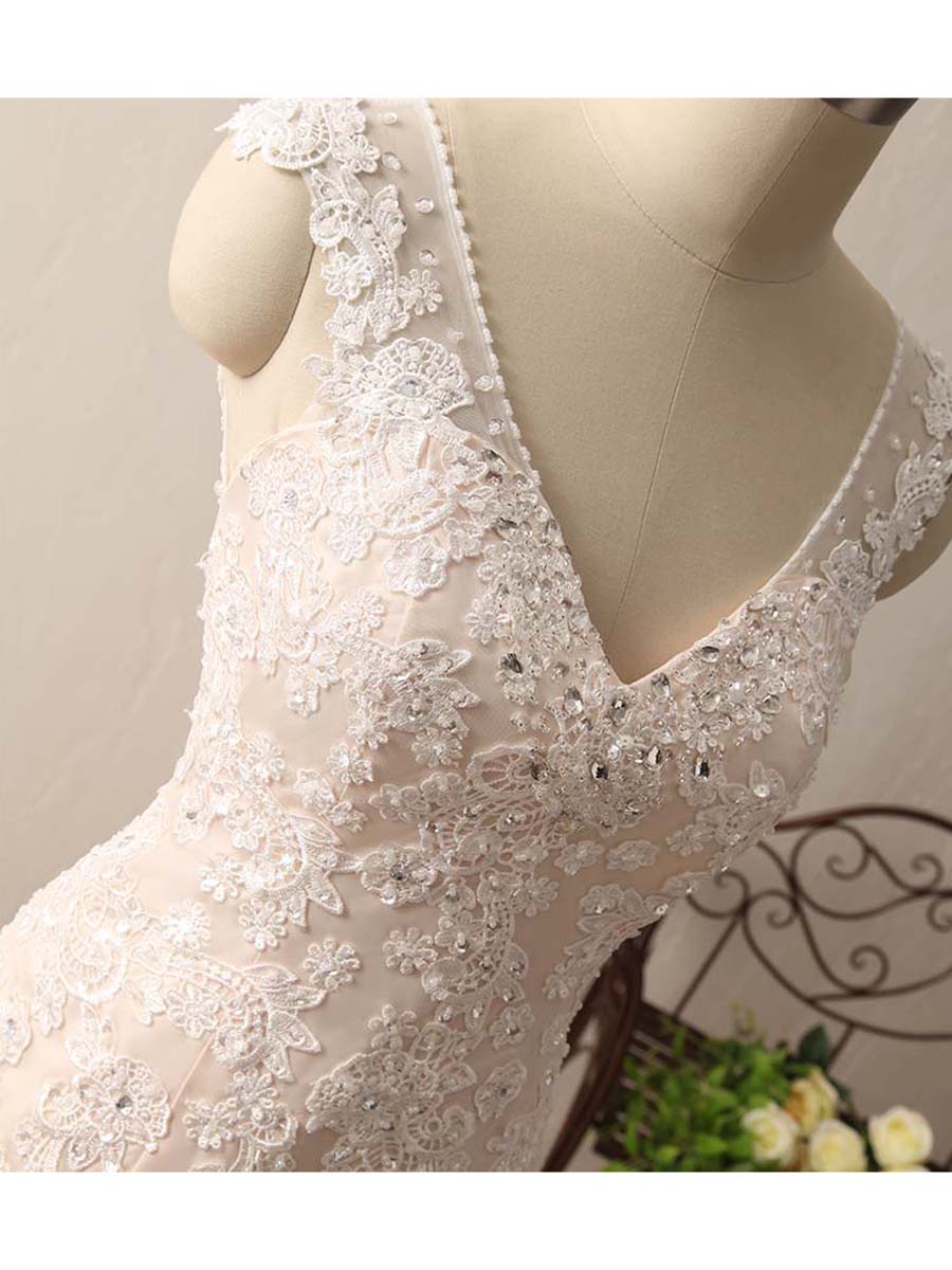 V Neck Sweep Train Mermaid Wedding Dresses With Ivory Lace