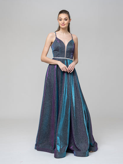 A Line Metallic Glitter Formal Party Prom Dresses With Beaded Waist