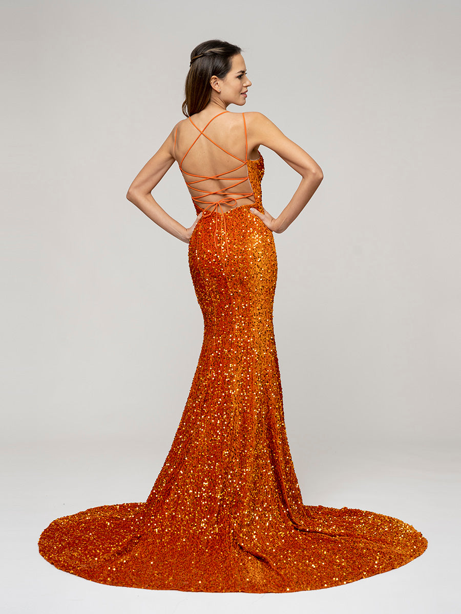 Burnt Orange Fitted Sequin Fitted Prom Dresses