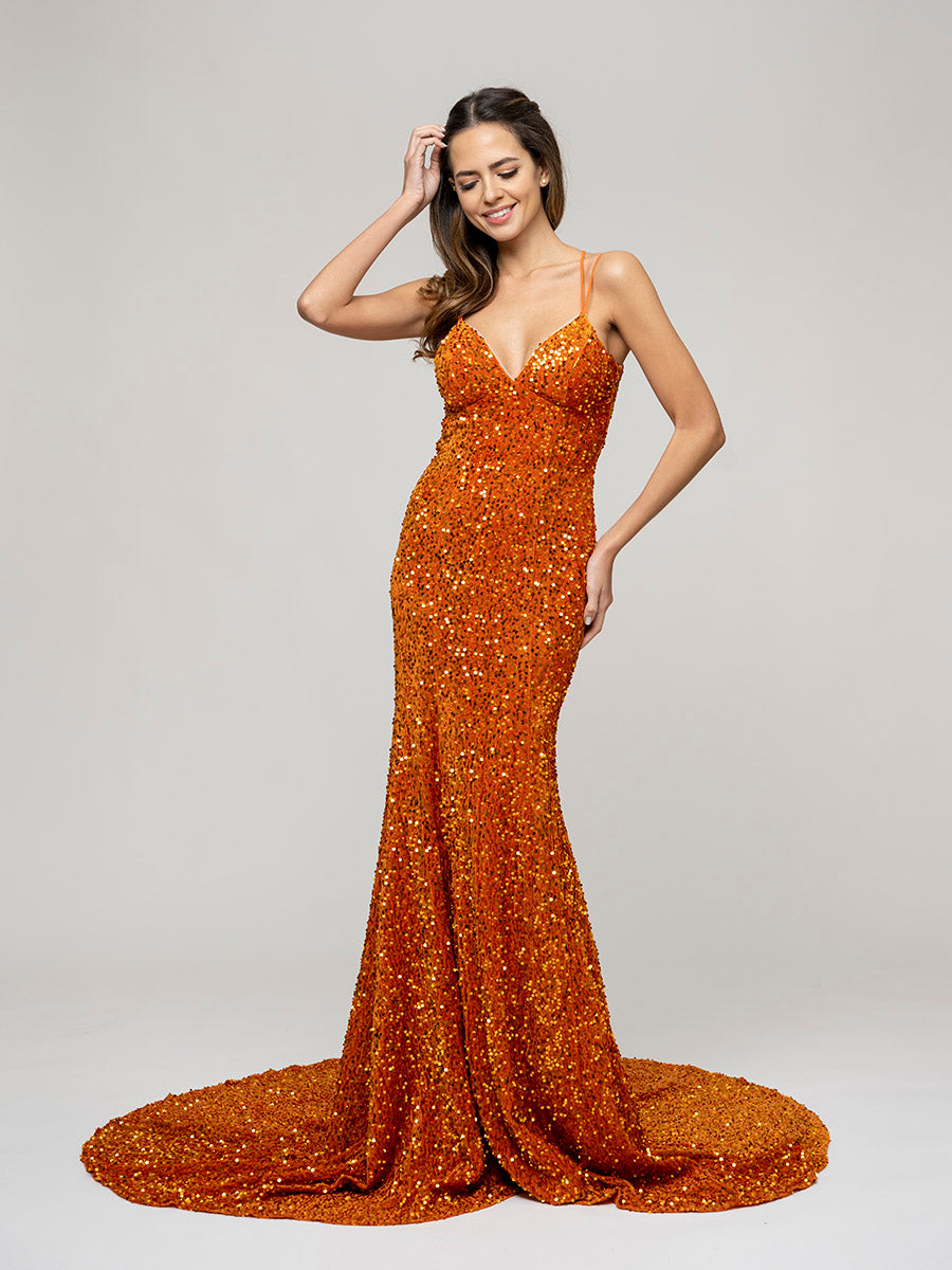 French Novelty: Size 14 Orange Morilee 47038 Sequin Open Back Prom Dress