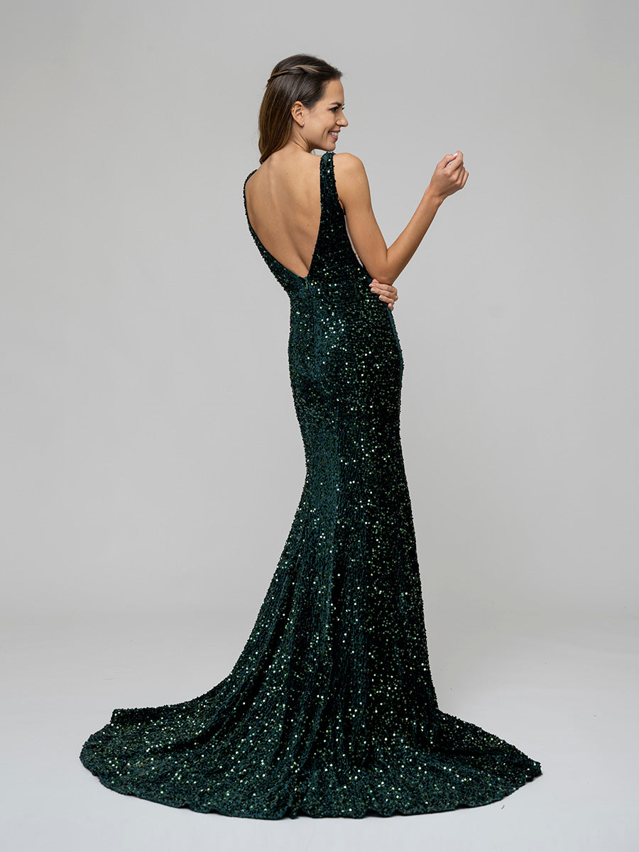 Emerald Velvet Sequin Fitted Sweep Train Prom Dresses