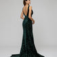 Emerald Velvet Sequin Fitted Sweep Train Prom Dresses