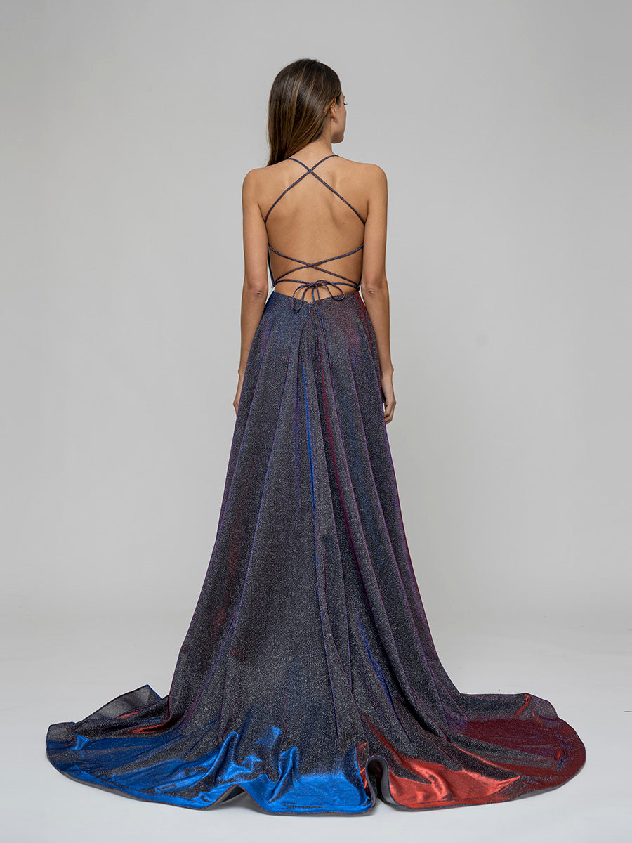 Long iridescent glitter best sale corset backless prom dress