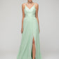 Mint Green Lace Bodice Chiffon V Neck Front Split Bridesmaid Dresses 