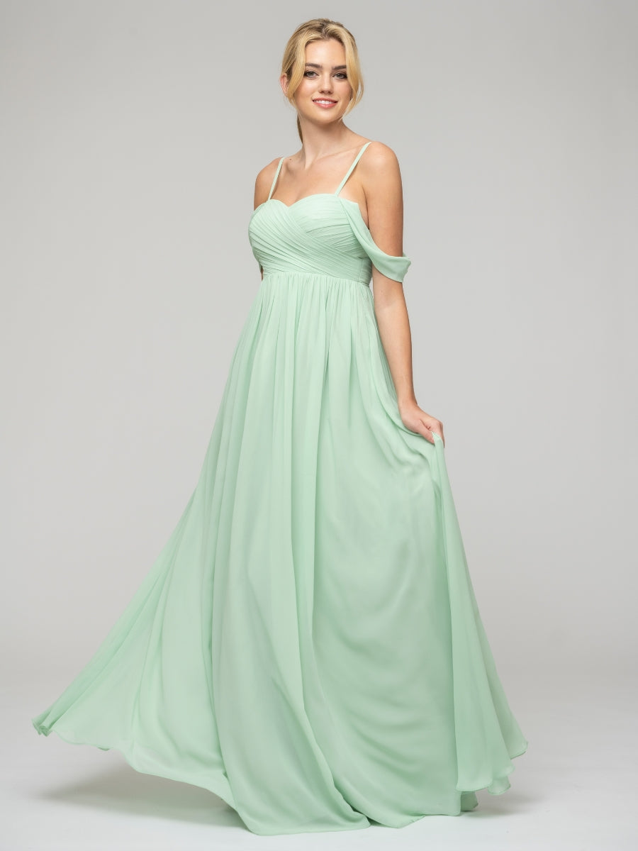 Mint Green Pleats Bodice Chiffon Cold Shoulder Open Back Bridesmaid Dresses