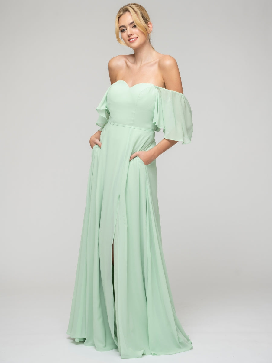 Mint Green Sweetheart Chiffon Flutter Sleeve Bridesmaid Dresses With Split