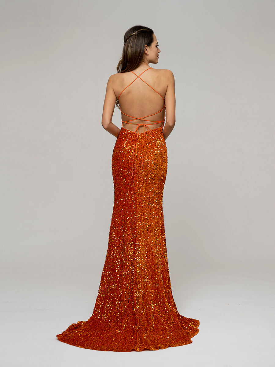 Scoop Neckline Long Sequin Prom Gown With Side Split