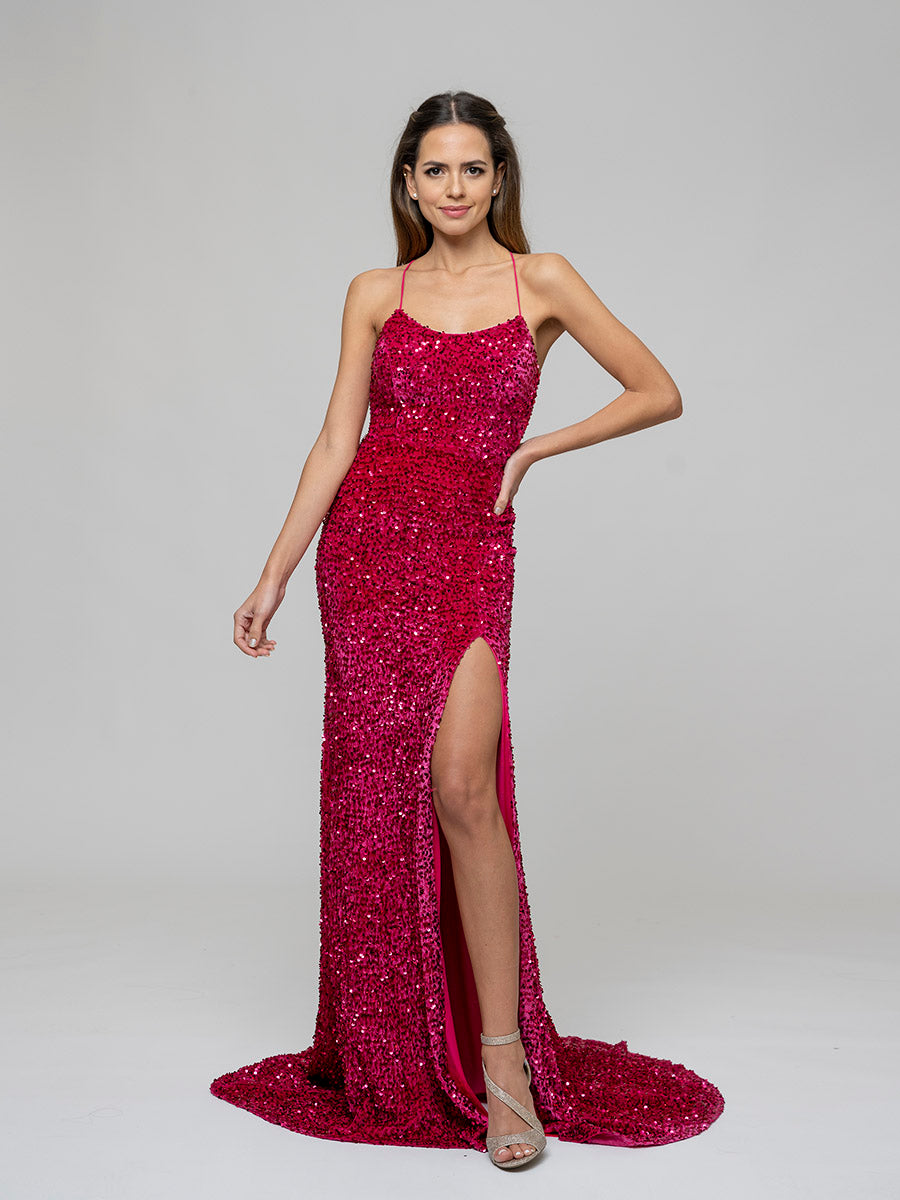 Sequin Side Split Scoop Neckline Fitted Long Prom Gown