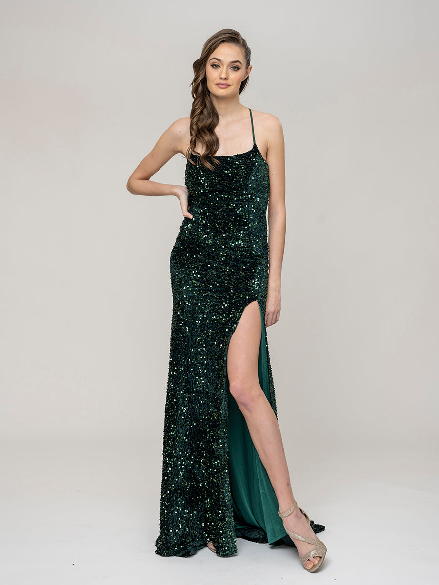  Side Slit Fitted Prom Dresses With Criss Cross Back