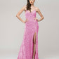 Spaghetti Strap Sequin Fitted Prom Dresses With Side Slit