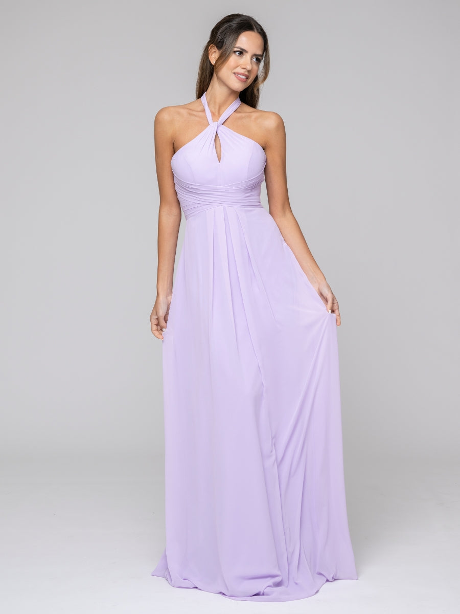 Lilac Tie-neck Halter Sleeveless Wedding Bridesmaid Dresses With Ruched Waist