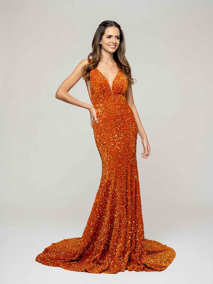 V Neck and Back Sequin Fitted Sweep Train Prom Dresses